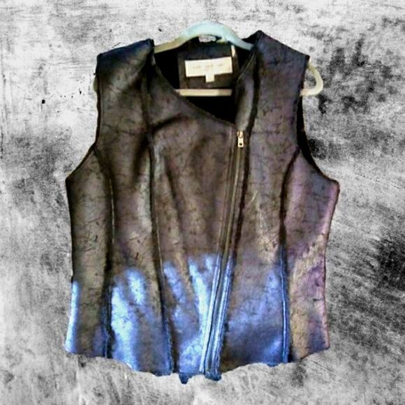 VEST MARC OF NEW YORK LEATHER/FAUX FUR Distressed ASYMMETRICAL ZIP XL - Picture 3 of 7